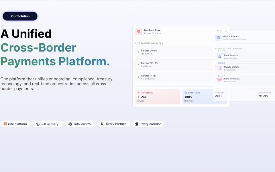 Gapstack admin console — payments dashboard, remittance volume and recent transactions